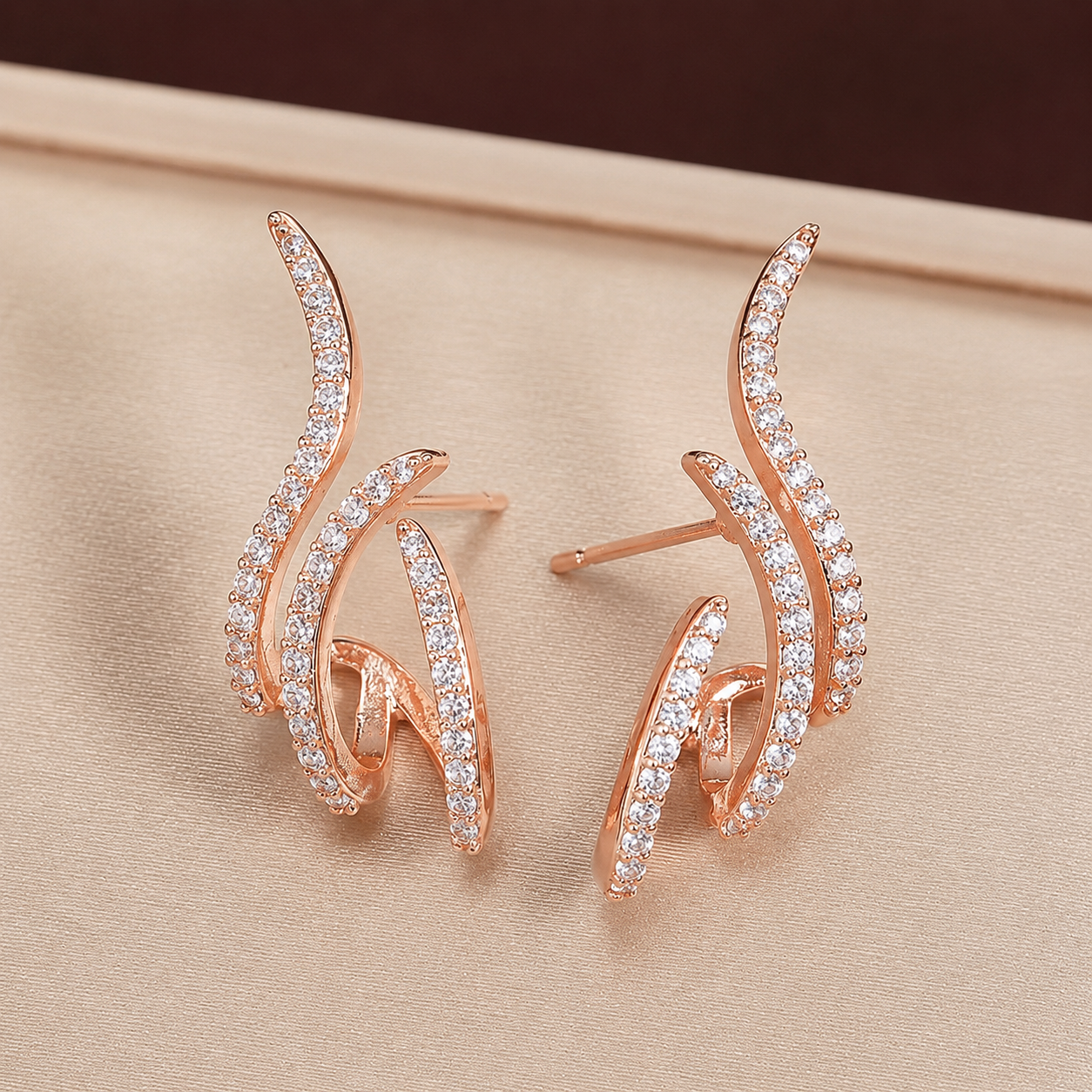 Rose Gold Plated Diamond Studded Designer Triple Curve Hoop Earrings for Women