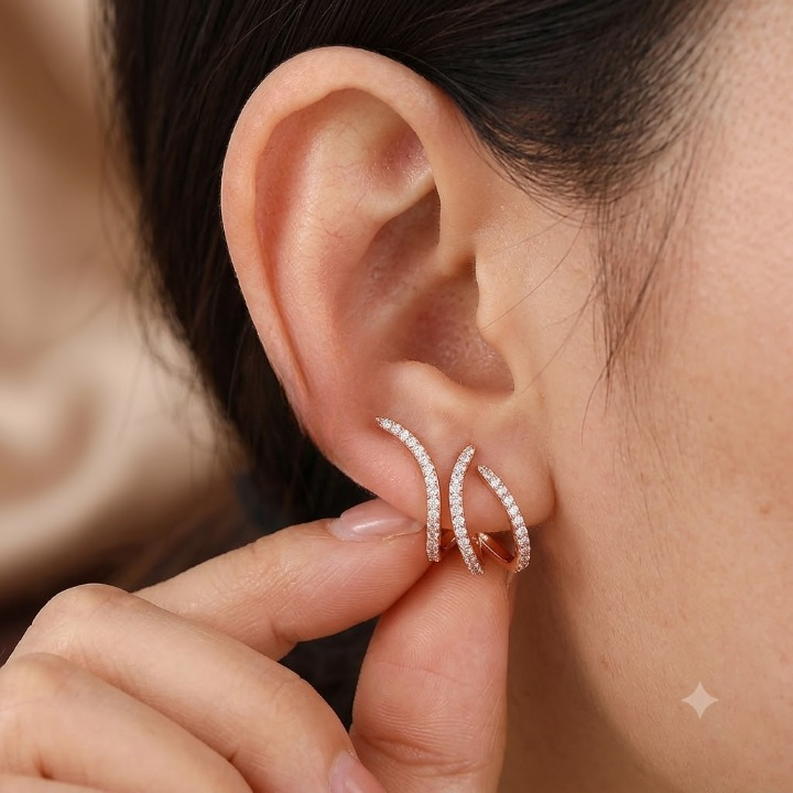 Rose Gold Plated Diamond Studded Designer Triple Curve Hoop Earrings for Women