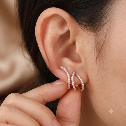 Rose Gold Plated Diamond Studded Designer Triple Curve Hoop Earrings for Women