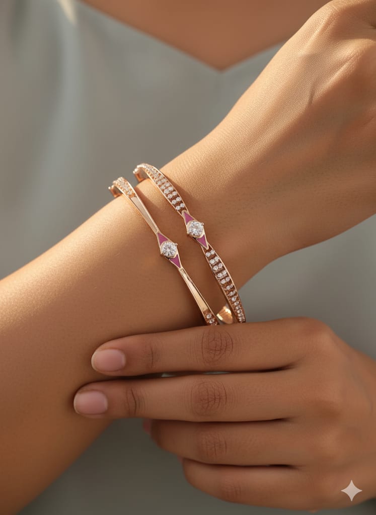 Rose Gold Plated Ad Diamond Studded Fancy Square-Round Bangle Set