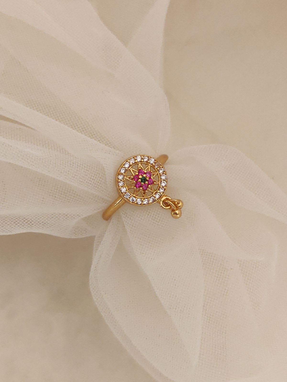 Round Designer American Diamond Studded Beautiful Golden Finger Ring 3 Month Guarantee