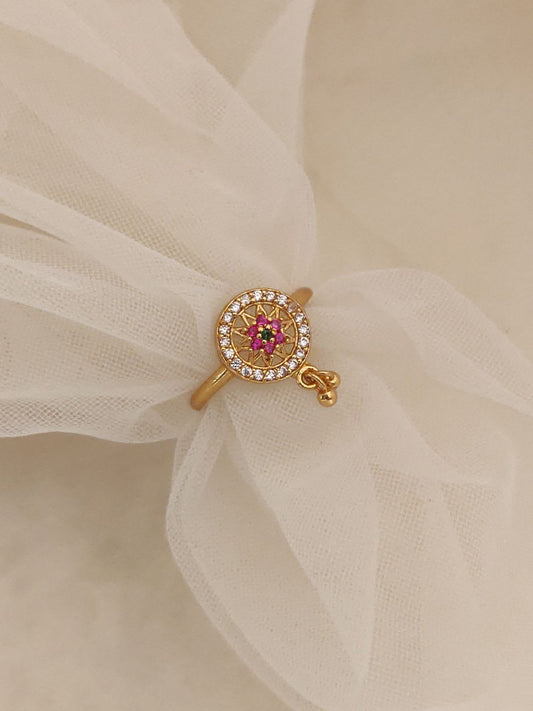 Round Designer American Diamond Studded Beautiful Golden Finger Ring 3 Month Guarantee