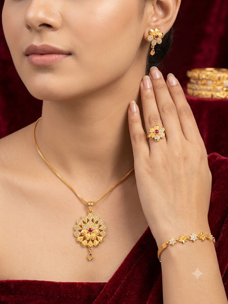 Royal Blossom Gold-Plated AD & Ruby Jewelry Set for Women