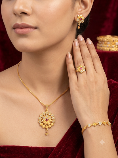 Royal Blossom Gold-Plated AD & Ruby Jewelry Set for Women