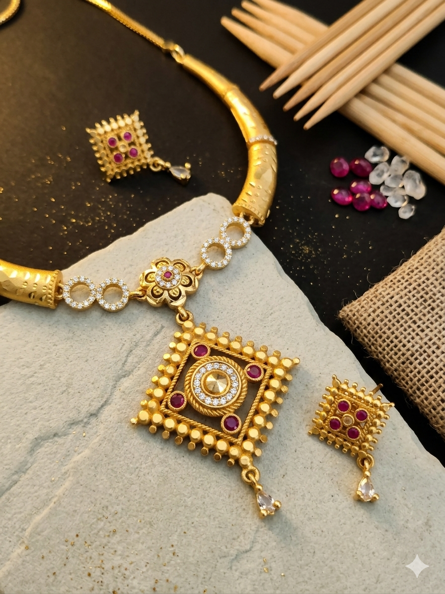 Royal Gold Plated Traditional Pendant Necklace Set with Designer Earrings