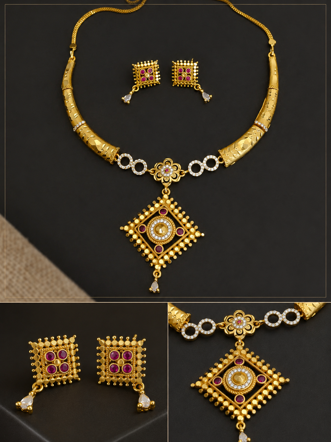 Royal Gold Plated Traditional Pendant Necklace Set with Designer Earrings