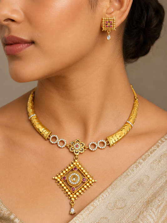 Royal Gold Plated Traditional Pendant Necklace Set with Designer Earrings