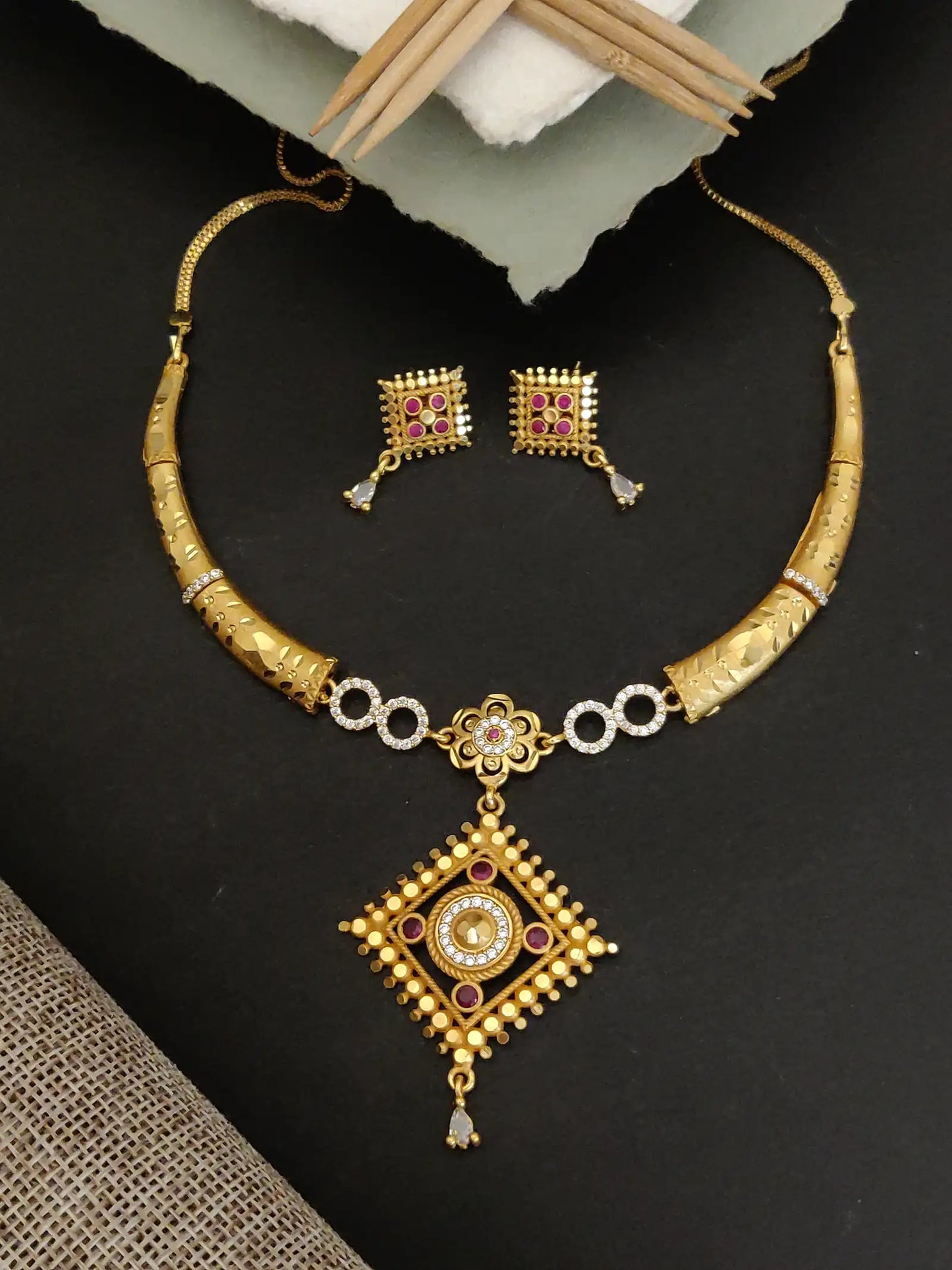 Royal Gold Plated Traditional Pendant Necklace Set with Designer Earrings