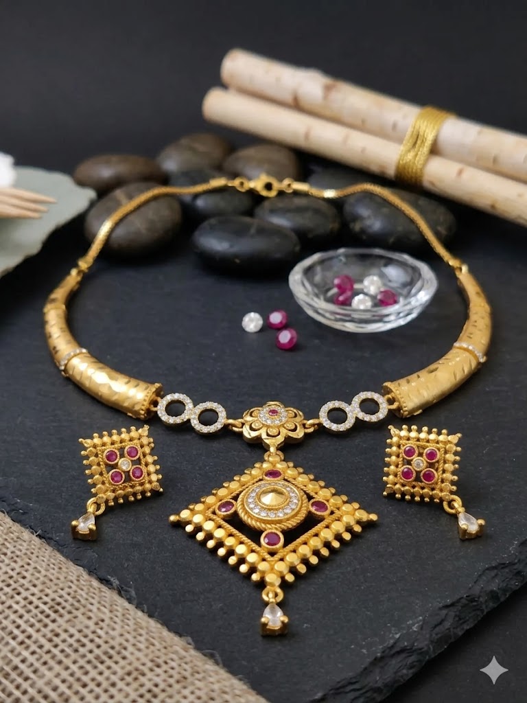 Royal Gold Plated Traditional Pendant Necklace Set with Designer Earrings