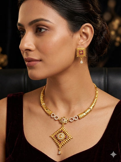 Royal Gold Plated Traditional Pendant Necklace Set with Designer Earrings