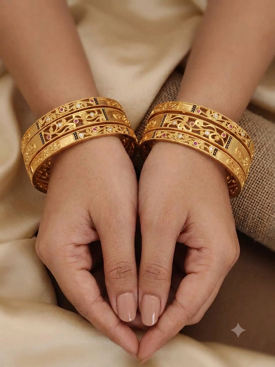 Royal Heritage Gold-Plated AD & Ruby Stone Studded 6 Pcs Bangle Set for Women