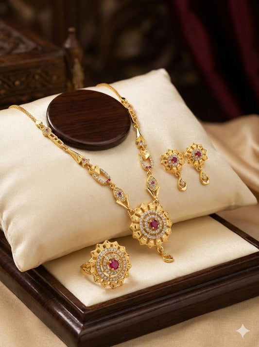 Royal Ruby AD Diamond Gold-Plated Necklace Set with Earrings & Statement Ring