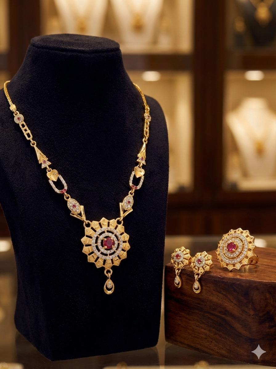 Royal Ruby AD Diamond Gold-Plated Necklace Set with Earrings & Statement Ring