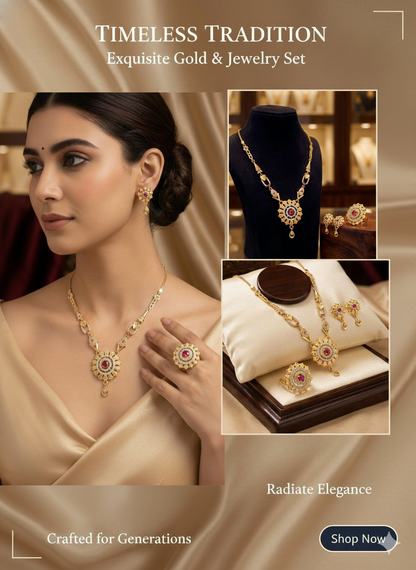 Royal Ruby AD Diamond Gold-Plated Necklace Set with Earrings & Statement Ring