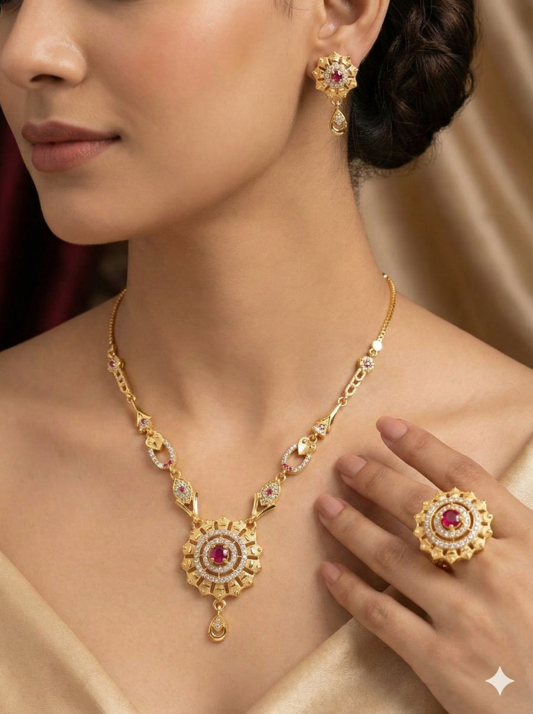 Royal Ruby AD Diamond Gold-Plated Necklace Set with Earrings & Statement Ring
