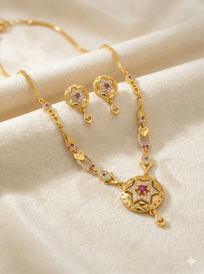Royal Starburst AD Diamond Gold-Plated Necklace Set with Matching Earrings