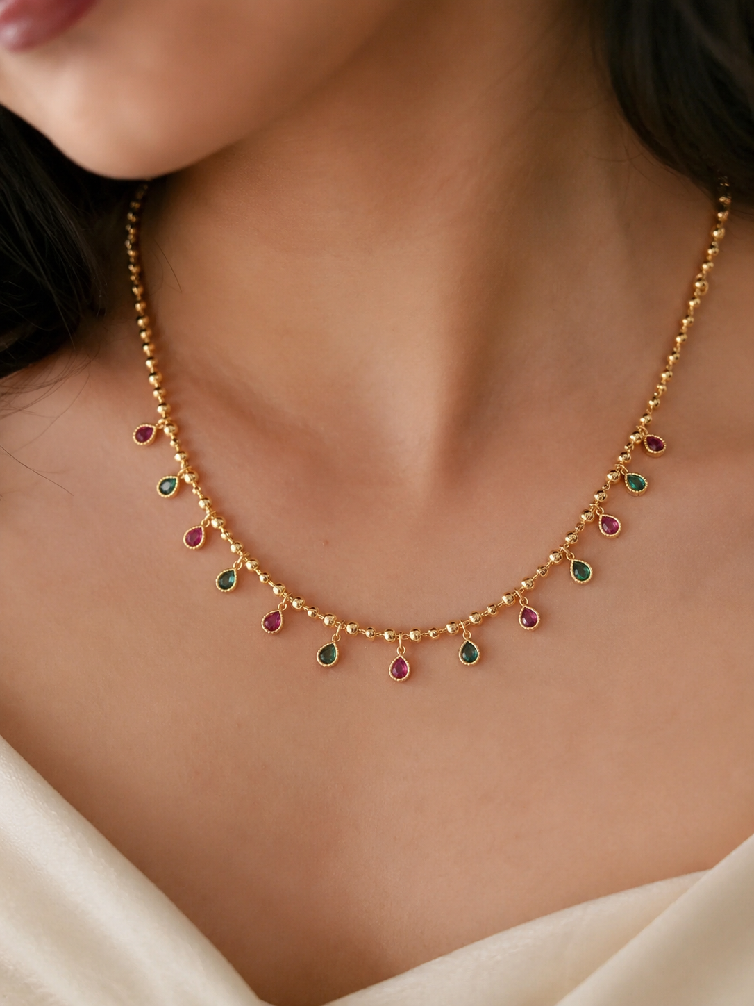 Ruby & Emerald Drop Gold-Plated Delicate 18 inches chain
