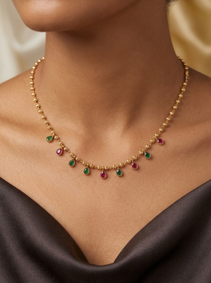 Ruby & Emerald Drop Gold-Plated Delicate 18 inches chain