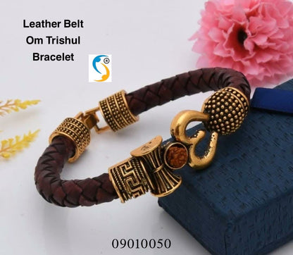 Rudraksh Trishul Damroo Leather Kadas Bracelet