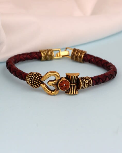 Rudraksh Trishul Damroo Leather Kadas Bracelet
