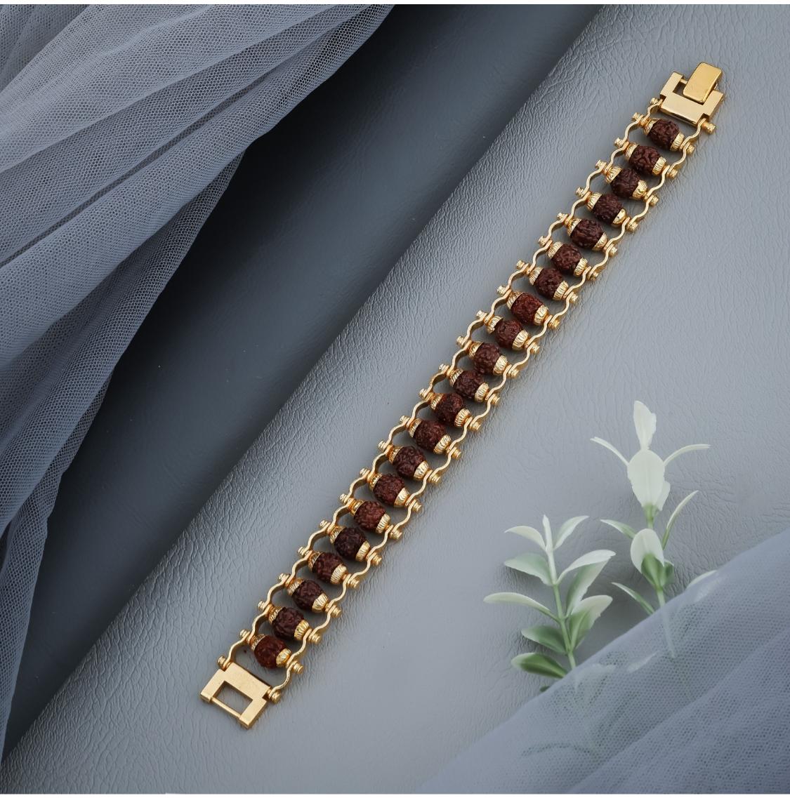 Brass Rudraksha Bracelet For Men 5 Mukhi Rudraksha Beads Embedded In Gold Plated