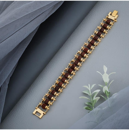 Brass Rudraksha Bracelet For Men 5 Mukhi Rudraksha Beads Embedded In Gold Plated