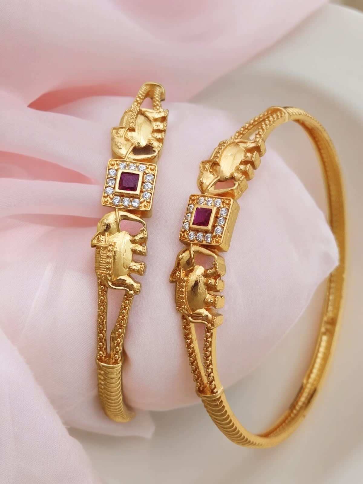 Square Pink Ruby & Ad Diamond Studded Micro Gold Plated Elephant Designer Bangle Set Of 2 Pcs