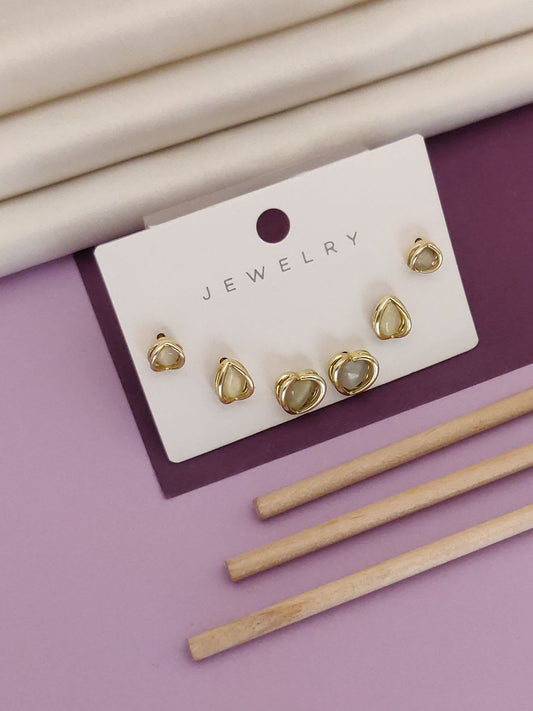 Stainless Steel Gold Plated White Stone Studded Daily Wear Earrings Combo Set Of 3 Pairs - With 3 Month Guarantee