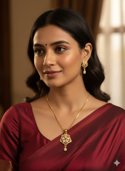 High Gold Plated Ad Diamond Studded Fancy Forming Pendant Set With Earrings