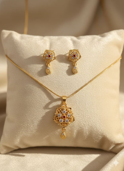 High Gold Plated Ad Diamond Studded Fancy Forming Pendant Set With Earrings