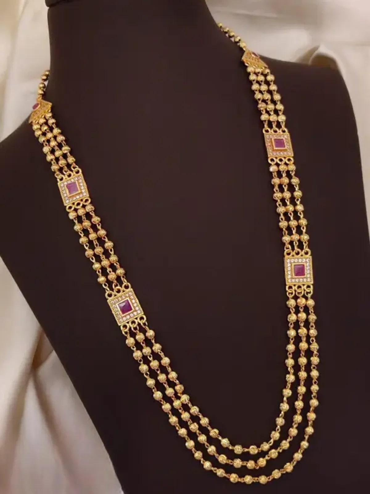 Micro Gold Plated Ad Diamond & Ruby Stone Studded Fancy 3 Line Square Necklace For Women