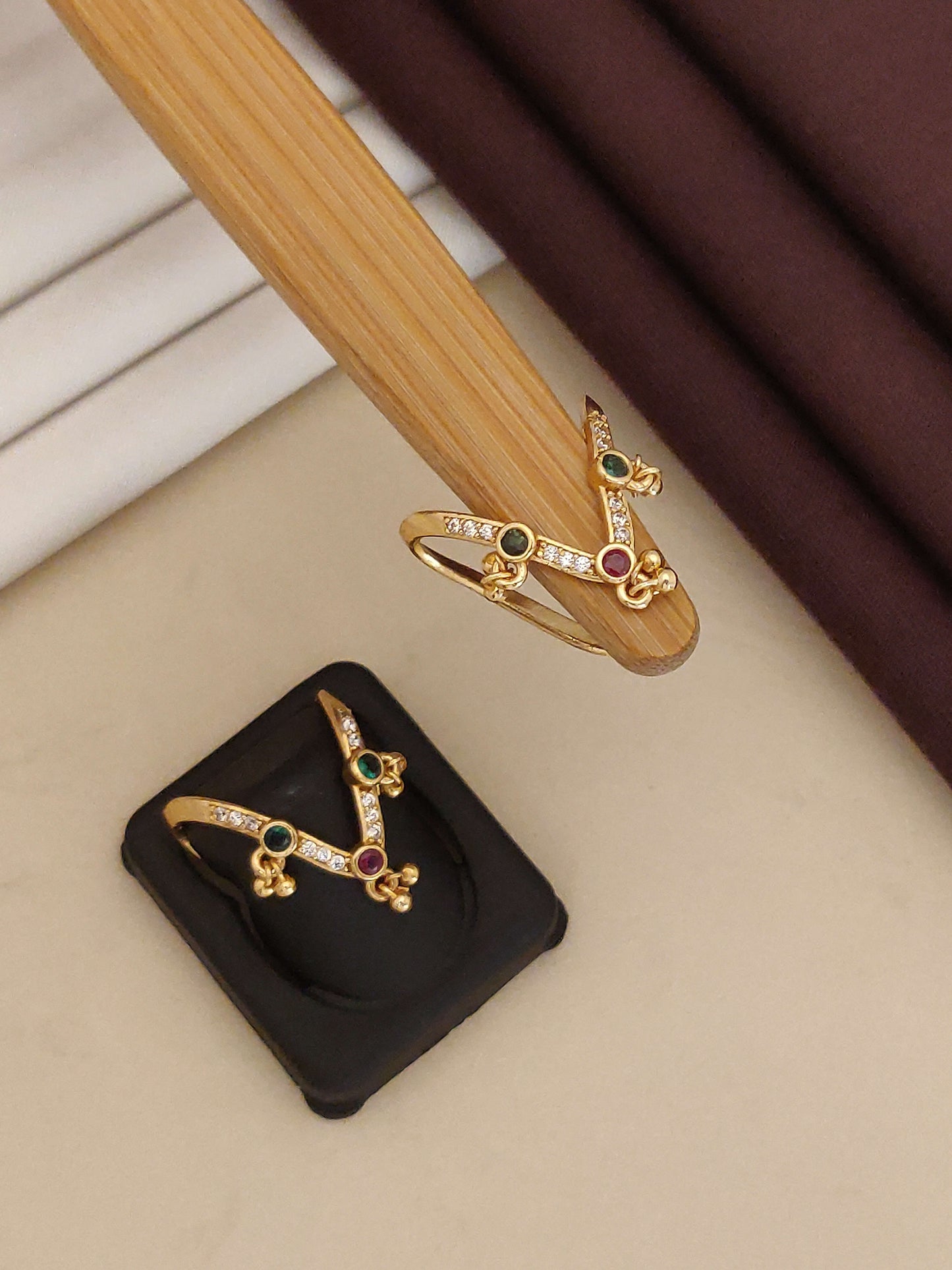 Traditional Gold Plated Ad Diamond & Stone Adjustable Ring Set Of 2 For Women