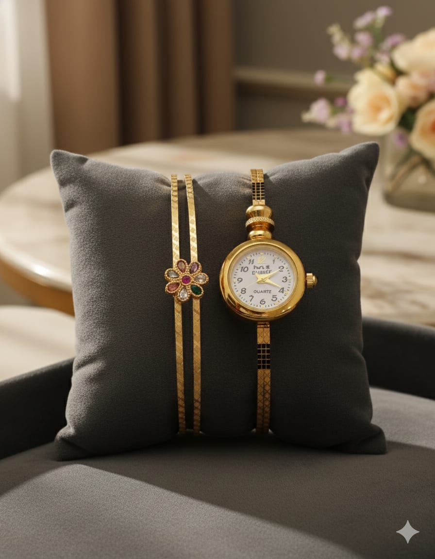 Micro Gold Plated Ad Diamond Studded Adjustable Flower Watch For Women