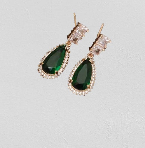 New Desiner Rose Gold Plated Ad Diamond Studed Green Stone Oval Fancy Eartring