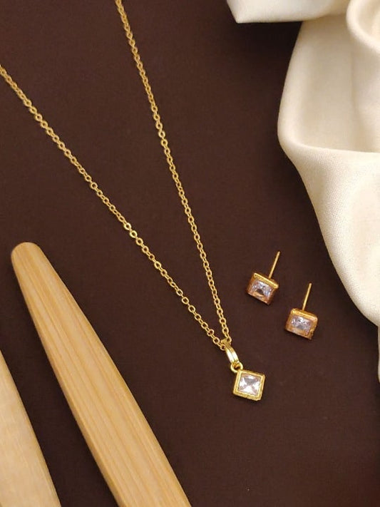 AD Diamond Studded Fancy And Delicate Square Pendent With Earring
