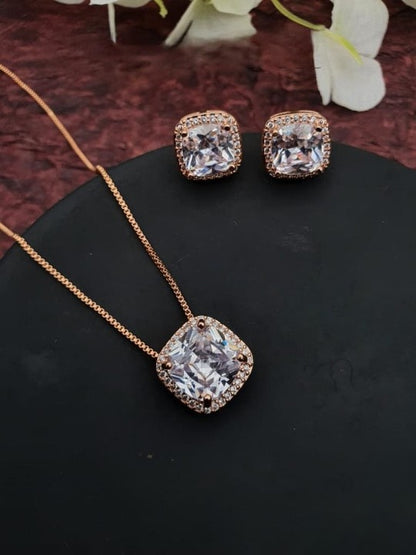 Stainless Rose Gold Plated Beautiful White Cz Dimond Pendent Chain With Earrings (1 Pair)