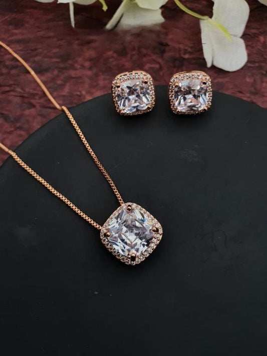 Stainless Rose Gold Plated Beautiful White Cz Dimond Pendent Chain With Earrings (1 Pair)