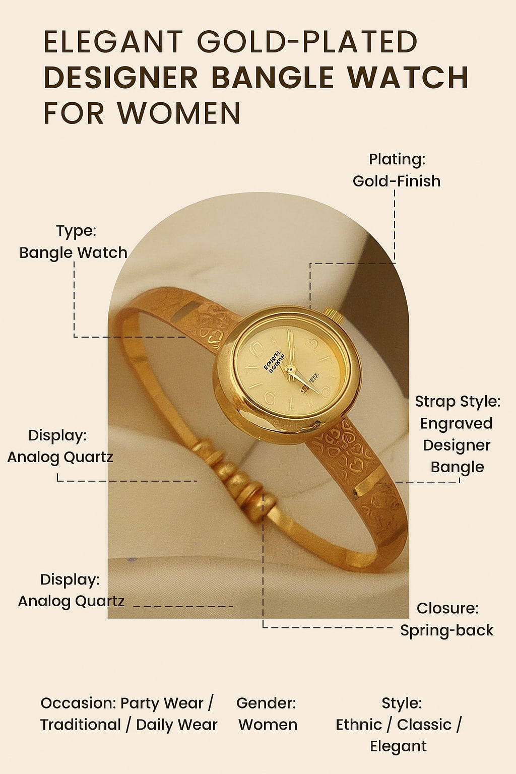 Gold Plated White Dial Adjustable Bracelet Watch For Women