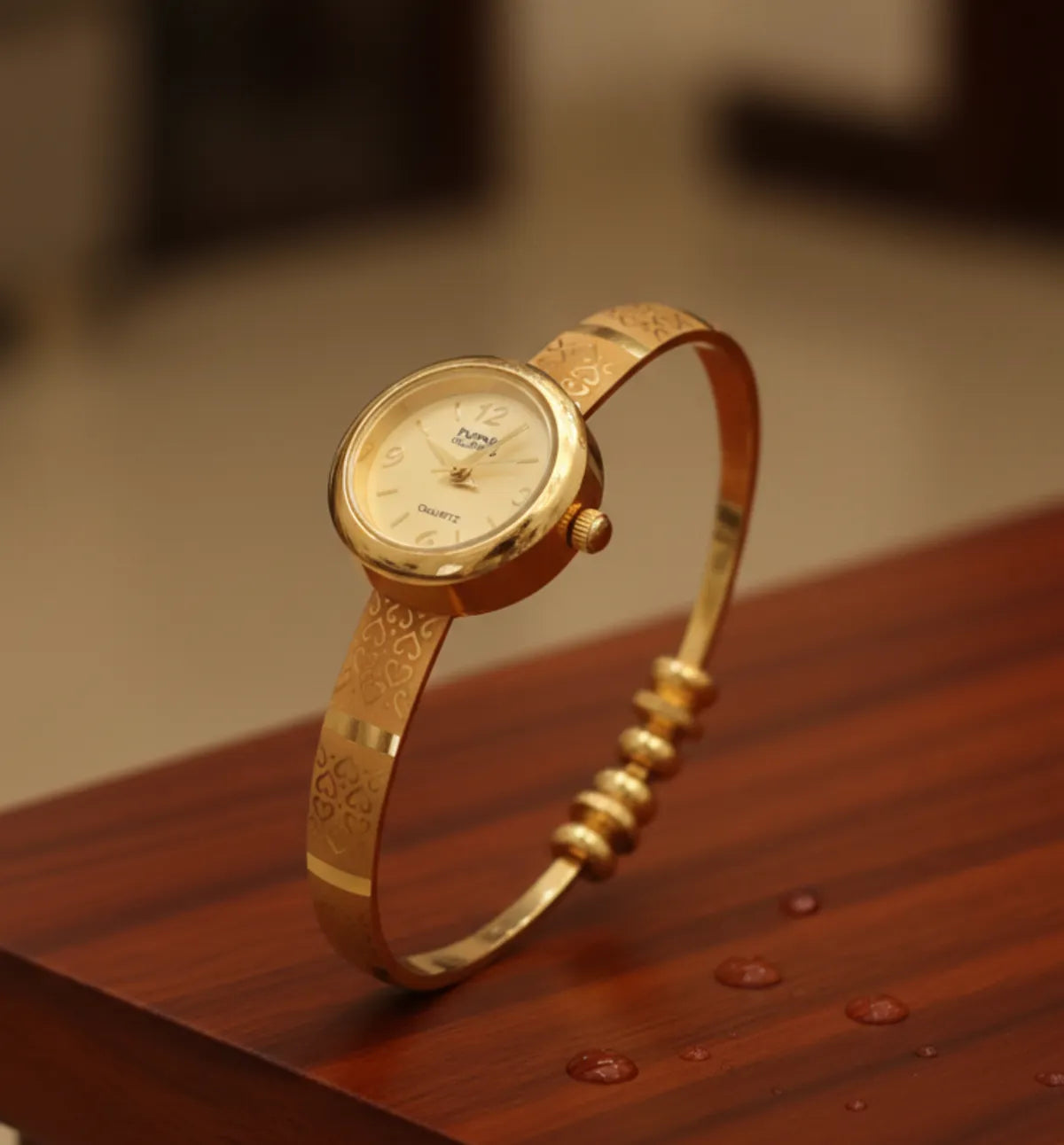 Gold Plated White Dial Adjustable Bracelet Watch For Women