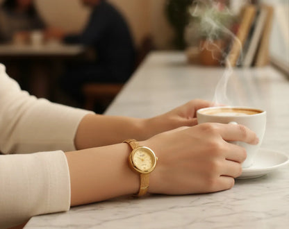 Gold Plated White Dial Adjustable Bracelet Watch For Women
