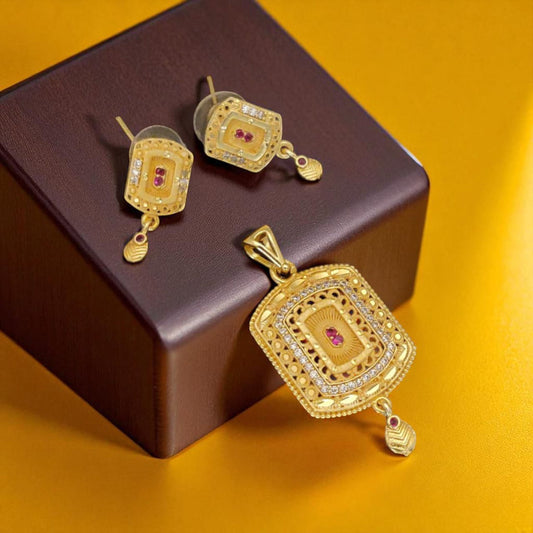 Micro Gold Plated Ad Diamond Studded Fancy Square Pendant With Earrings For Women