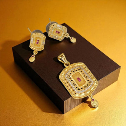 Micro Gold Plated Ad Diamond Studded Fancy Square Pendant With Earrings For Women