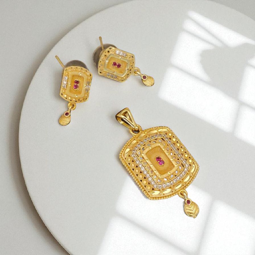 Micro Gold Plated Ad Diamond Studded Fancy Square Pendant With Earrings For Women