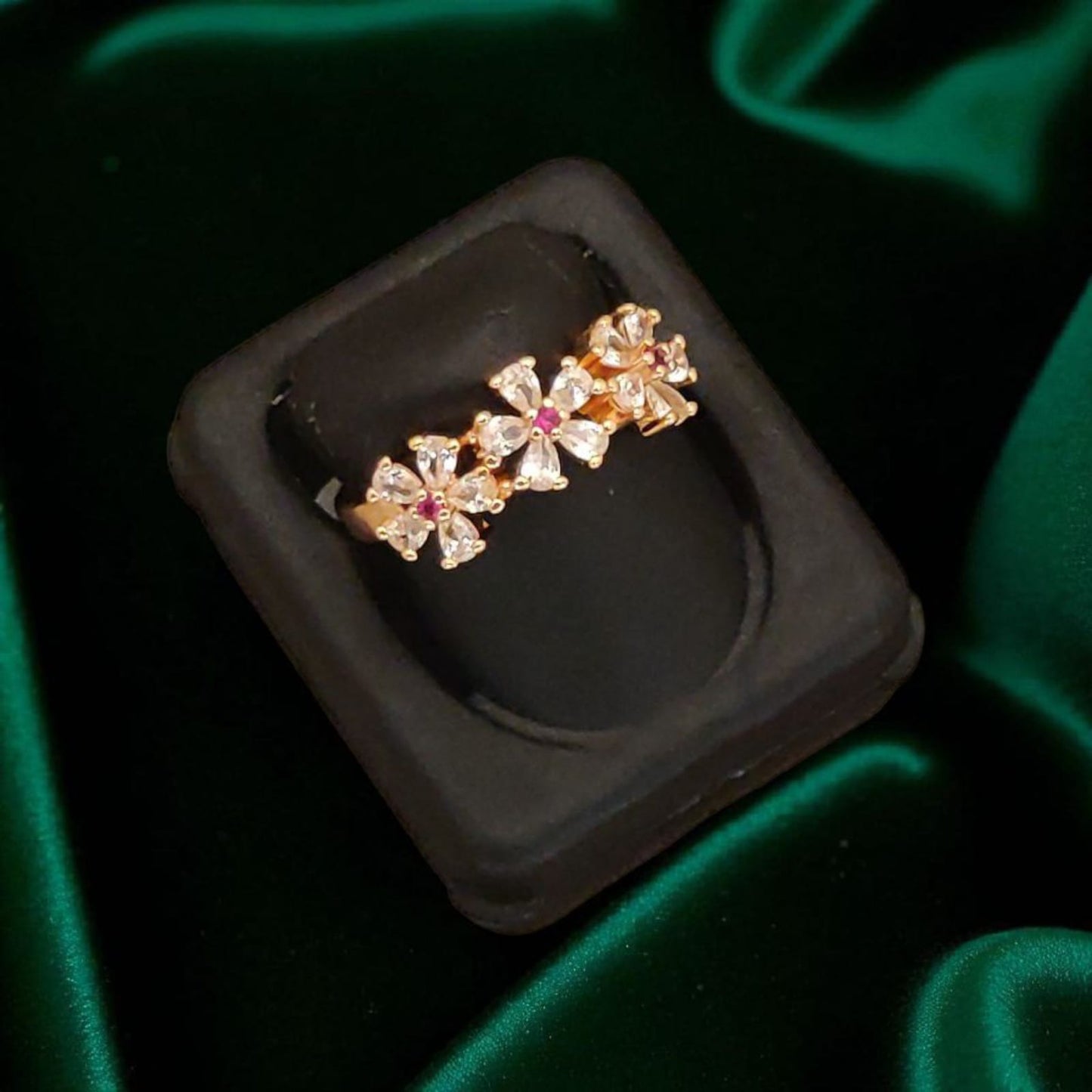 Designer Rose Gold Plated Ad Diamond Studded Fancy Adjustable Flower Ring For Women