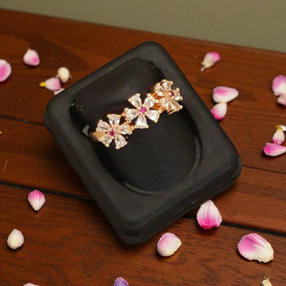 Designer Rose Gold Plated Ad Diamond Studded Fancy Adjustable Flower Ring For Women