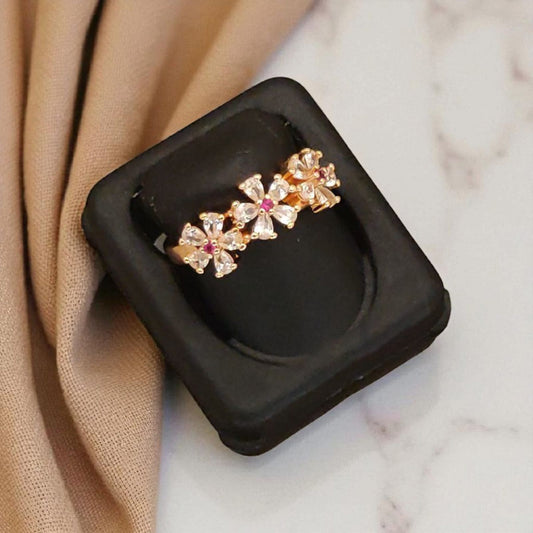 Designer Rose Gold Plated Ad Diamond Studded Fancy Adjustable Flower Ring For Women