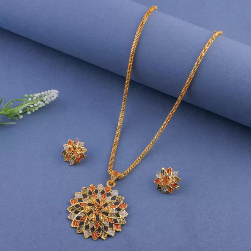 Multicoloured Designer High Gold Plated Pendent Chain With Beautiful Earrings