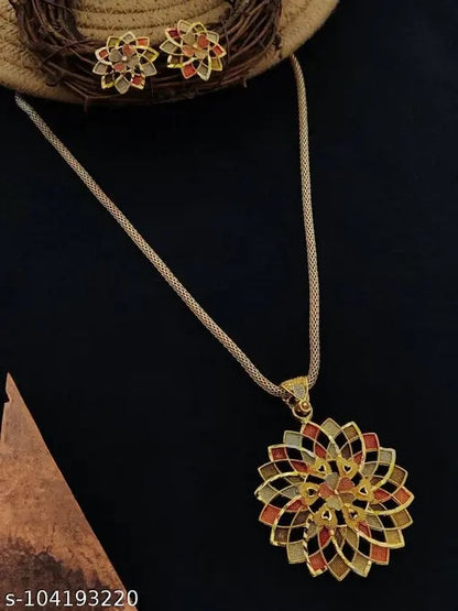 Multicoloured Designer High Gold Plated Pendent Chain With Beautiful Earrings