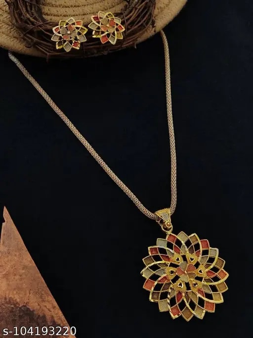 Multicoloured Designer High Gold Plated Pendent Chain With Beautiful Earrings