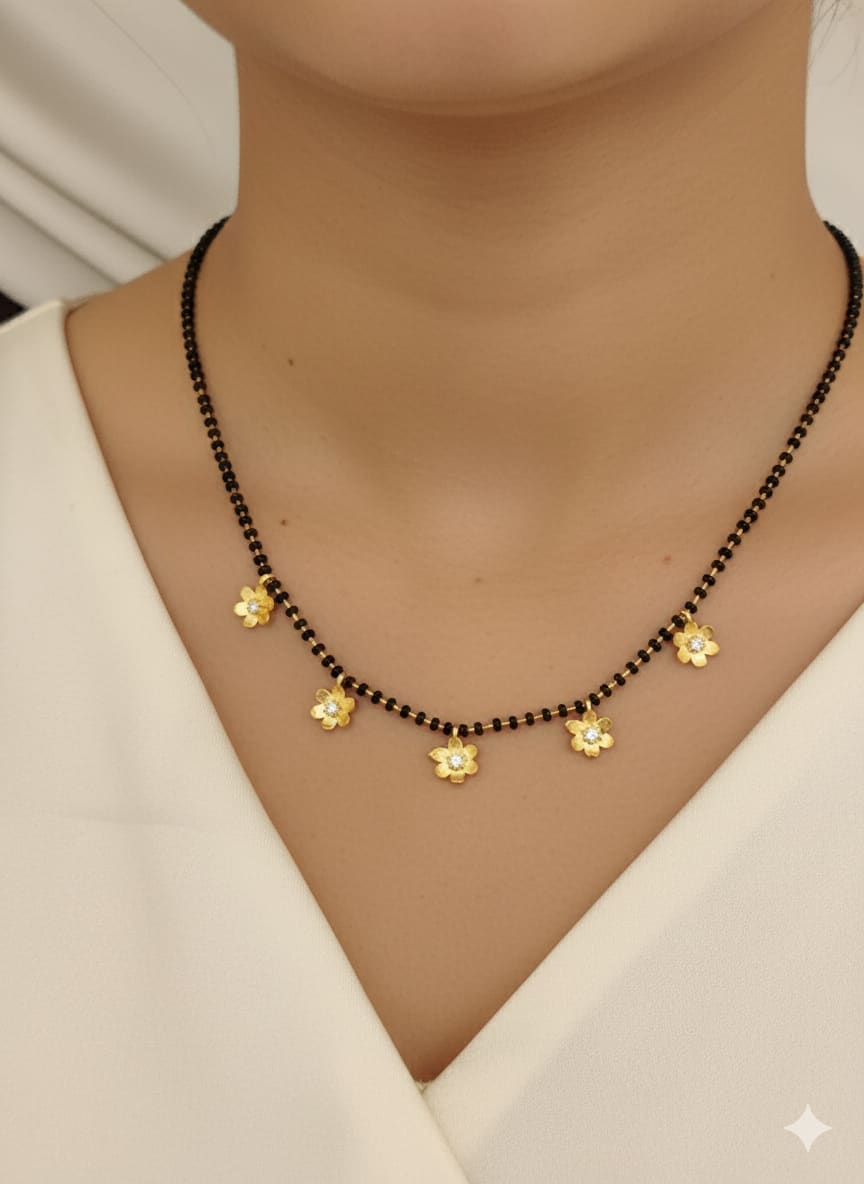 Stylish Gold Plated Floral Design Ad Diamond Mangalsutra For Women